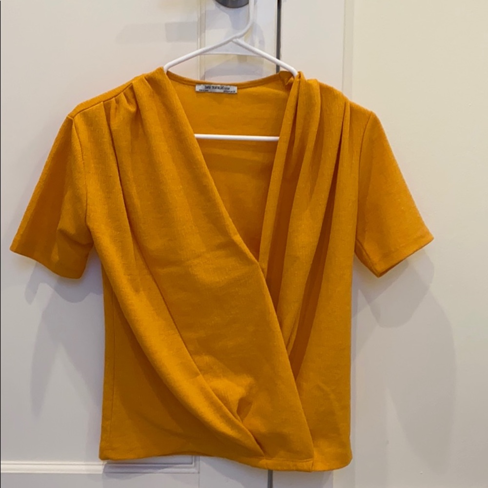 Zara orange mustard / marigold wrap V-neck short sleeve top - size Small S